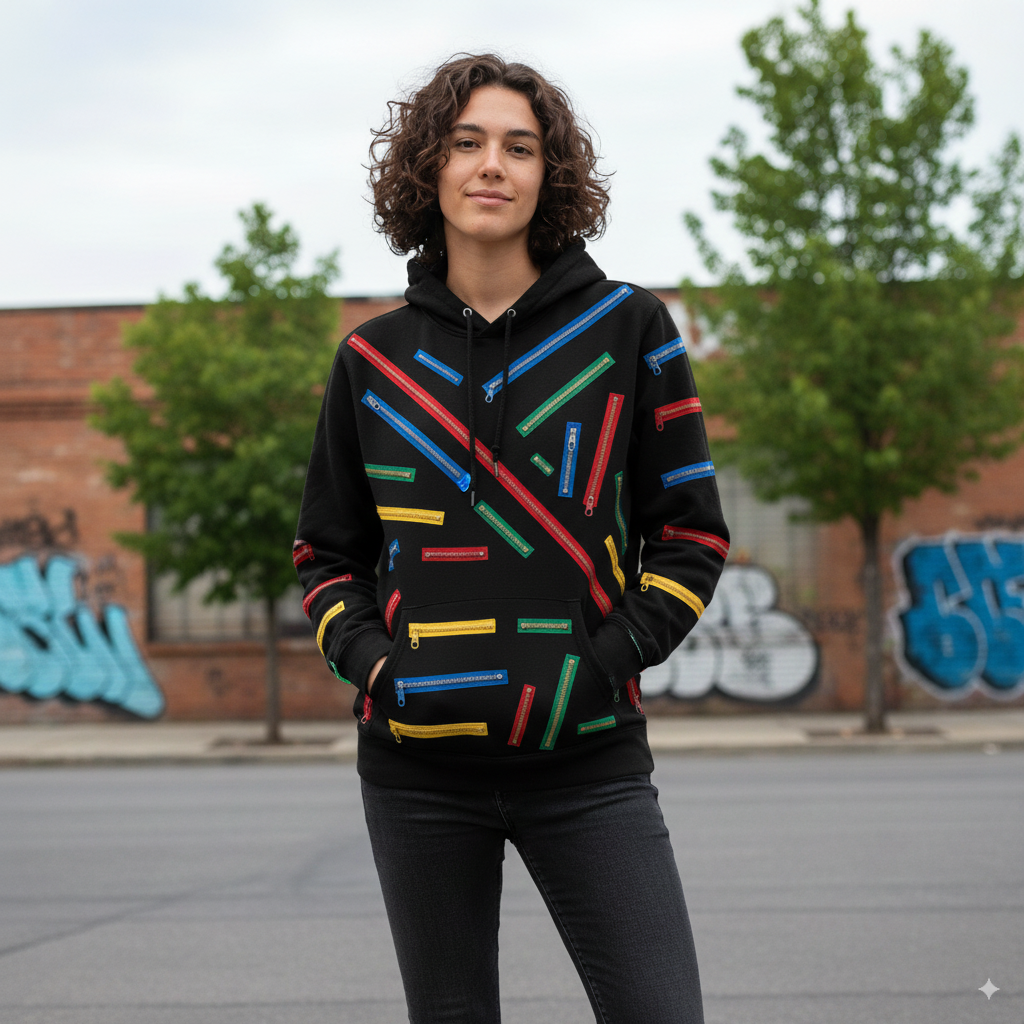 Woman wearing multicoloured Zipper Hoodie