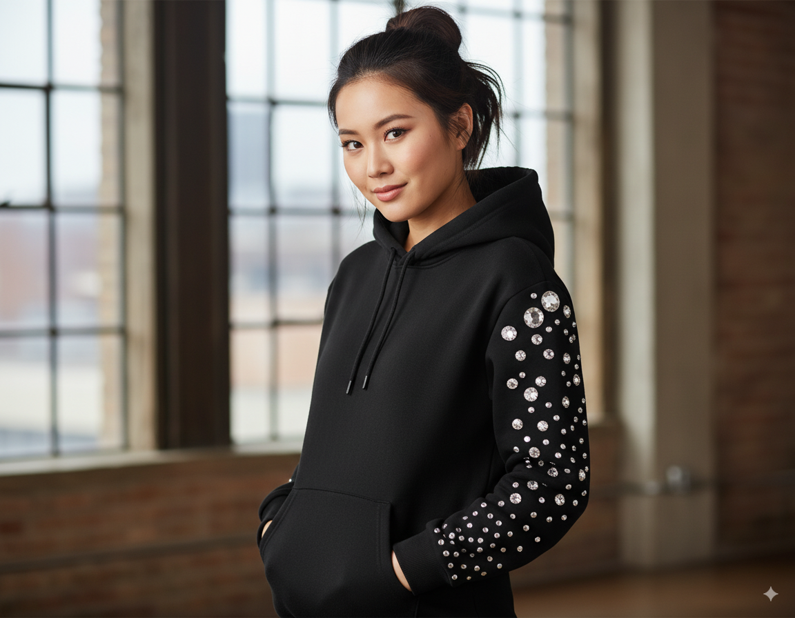 Woman wearing a black hoodie with decorative sleeves in a room with large windows.