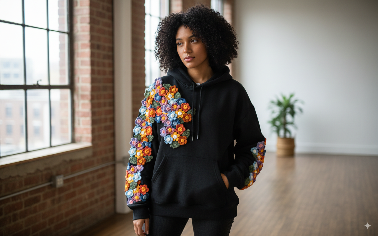 Woman wearing a black hoodie with colorful floral patterns in a room with large windows and a plant.